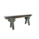 Distressed Brown Teal Blue Village Slim Narrow Scroll Apron Wood Bench ws4537S