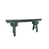 Distressed Brown Teal Blue Green Village Slim Narrow Scroll Apron Wood Bench ws4539S