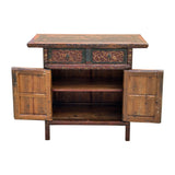 Distressed Vintage Red Brown Relief Floral Motif Side Table Cabinet ws4579S