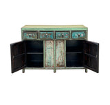Vintage Chinese Turquoise Blue Flowers Credenza Sideboard Table Cabinet ws4609S