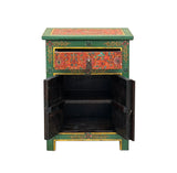 Distressed Green Orange Red Tibetan Floral End Table Nightstand ws4625S