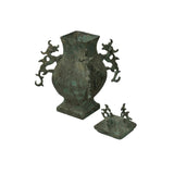 Green Gray Metal Carved Ritual Fengshui Vessel Display Art ws4785S
