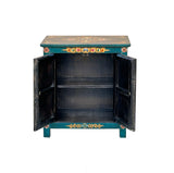 Tibetan Oriental Teal Blue Aqua Dragon Head Graphic End Table Nightstand ws4829S