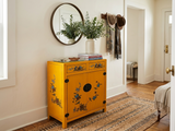 Oriental Bright Mustard Yellow Vinyl Flower Bird Graphic Cabinet ws4986S