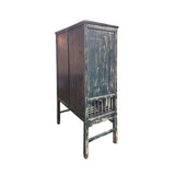 Vintage Distressed Teal Blue Oriental Carving Storage Cabinet ws4991S