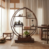 Oriental Circular Peach Shape Brown Wood Display Cabinet Room Divider ws4999S