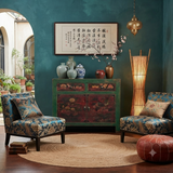 Vintage Distressed Rich Green Red Floral Graphic Credenza Sideboard Cabinet ws5001S