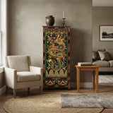 Oriental Tibetan Style Golden Dragon Graphic Tall Slim Storage Cabinet ws5063S