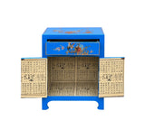 Chinese Bright Blue Vinyl Moon Face Flower Birds End Table Nightstand GB064S