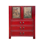 Vintage Oriental Red Beige People Scenery Graphic Storage Cabinet GB157S