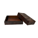Oriental Relief Mythical Figure Motif Brown Natural Wood Small Accent Box GB281S