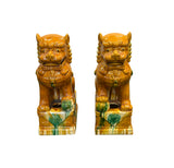 Pair Chinese Tri-Color Mustard Yellow Glaze Fengshui Lions Foo Dogs GB402S cs2368