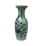 Pair Chinese Light Celadon Blue Kirin Graphic Tall Porcelain Art Vases GB597S