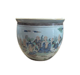 Vintage Oriental 18 Arhats Graphic Porcelain Round Pot Planter GB615S