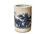 Chinese Distressed White Porcelain Blue Mountain Houses Graphic Holder Vase GB690S
