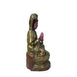 Vintage Chinese Pink Face Holy Bottle Lotus Base Wood Kwan Yin Bodhisattva Statue GB729S
