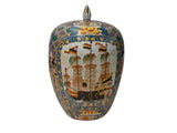 Vintage Polychrome Dutch Sailing Ships Graphic Porcelain Art Jar GB888S