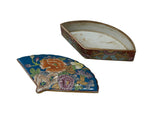 Vintage Blue Big Flowers Graphic Fan Shape Porcelain Trinket Box GB880S
