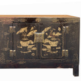Vintage Oriental Distressed Flower Vases Black Low TV Console Cabinet cs7741S