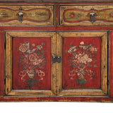 Chinese Distressed Mustard Yellow Red Flower Sideboard Credenza Cabinet cs7742S