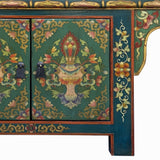 Chinese Tibetan Teal Green Blue Jewel Treasure Graphic Low TV Console Table cs7744S