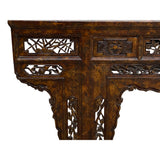 Vintage Chinese Brown Wood Open Flower RuYi Carving Apron Altar Console Table cs7802S