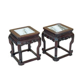 Vintage Chinese Square Marble Top 2 Stools Tea Table Set cs7828S