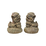 Pair Rustic Chinese Wood Foo Dog Lion Round Base FengShui Figures JK310S