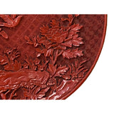 Chinese Red Resin Lacquer Round Flower Bird Relief Carving Accent Plate ws3350S