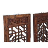 Pair Chinese Vintage Restored Wood Brown Flower Carving Wall Hanging Art ws3671S
