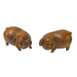 Chinese Pair Natural Wood Carved FengShui Happy Face Piggy Figures ws3794S