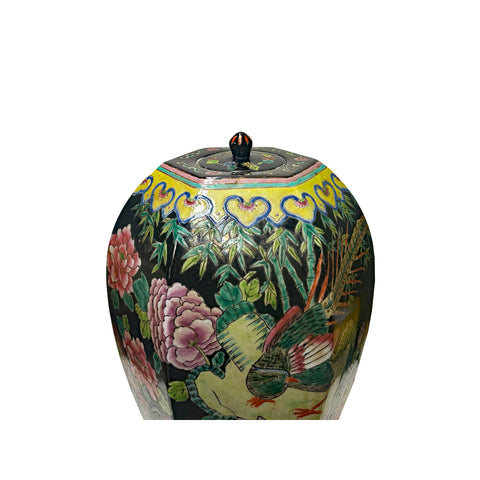 Oriental Vintage Black Base Color Flower Bird Hexagonal Porcelain Jar ws4162S