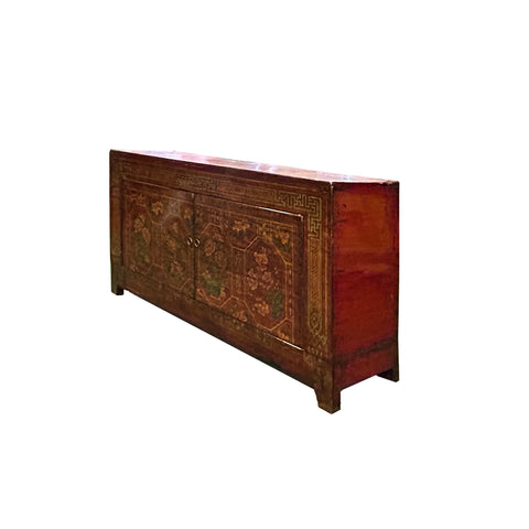 Vintage Chinese Orange Red Brown Floral Graphic Credenza Sideboard Cabinet ws4314S