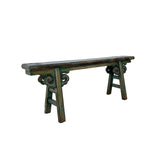 Distressed Brown Green Blue Village Slim Narrow Scroll Apron Wood Bench ws4536S