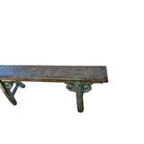 Distressed Brown Teal Blue Village Slim Narrow Scroll Apron Wood Bench ws4537S