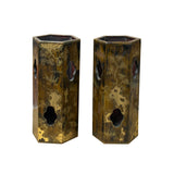 Pair Chinese Matte Gold Scenery Hexagonal Display Wood Brush Pots ws4856S