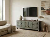 Distressed Light Teal Gray Low Doors Hardware Console Sideboard Cabinet ws4976S
