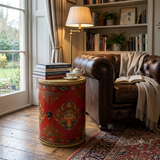 Distressed Red Lotus Tibetan Style Jewel Tower Graphic Round Drum Table ws4984S