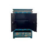 Distressed Teal Green Golden Floral Graphic Side End Table Nightstand ws4990S