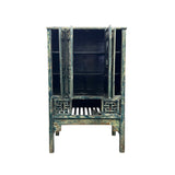 Vintage Distressed Teal Blue Oriental Carving Storage Cabinet ws4991S