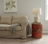 Distressed Orange Tibetan Style Jewel Tower Graphic Round Drum Table ws5000S