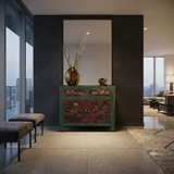 Vintage Distressed Rich Green Red Floral Graphic Credenza Sideboard Cabinet ws5001S