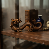 6" Oriental Brown Wood Carved Fengshui Decorative Dragon Figure ws5004S
