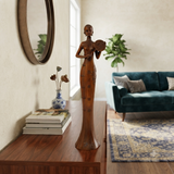 Oriental Brown Wood Carved Slim Artistic Holding Fan Lady Figure ws5019S