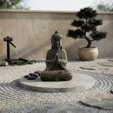 24" Distressed Black Brown Cross Legs Peaceful Hands Stone Buddha Statue ws5078S