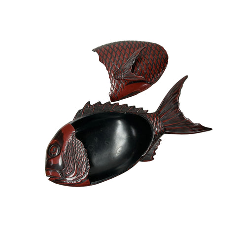 Vintage Asian Black Red Lacquer Fish Shape Storage Accent Box GB079S