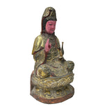 Vintage Chinese Pink Face Holy Bottle Lotus Base Wood Kwan Yin Bodhisattva Statue GB729S