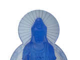 Blue Frosted Crystal Glass Lotus Base 2 Sides Bodhisattva Guanyin Figure GB894S