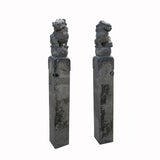 Chinese Pair Gray Stone Fengshui Foo Dogs Lion Slim Pole Statues cs7641S