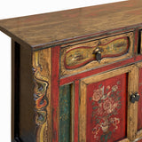Chinese Distressed Mustard Yellow Red Flower Sideboard Credenza Cabinet cs7742S